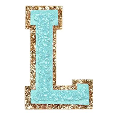 Imagem de 3 Pçs Chenille Letter Patches Ferro em Patches Glitter Varsity Letter Patches Bordado Bordado Borda Dourada Costurar em Patches para Vestuário Chapéu Camisa Bolsa (Azul, G)