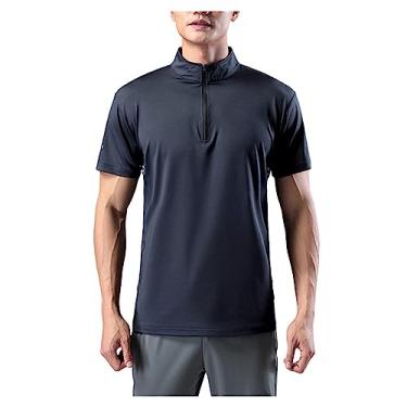 Imagem de Camiseta masculina atlética manga curta gola alta sólida polo secagem rápida com zíper casual, Azul-escuro, 5G