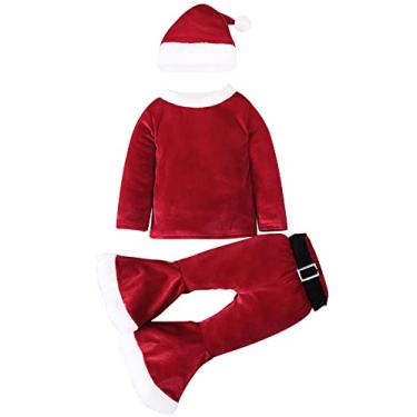 Imagem de AGQT Conjunto de roupas de Natal para meninas, fantasia de Papai Noel, manga comprida, calça de flanela, calça de veludo, calça rodada, chapéu de Natal, conjunto de roupas para crianças, presentes de Natal, 3 peças, conjunto de roupas vermelho tamanho 3-4T