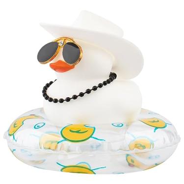 Imagem de wonuu Decorações de carro de pato de borracha bonito acessórios para carro painel ornamento de carro com chapéu de caubói anel de natação colar colorido e óculos de sol, H_Colar preto branco e chapéu de cowboy