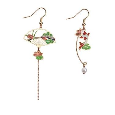 Imagem de MALOYANVE Brincos de leque assimétricos para mulheres, brincos criativos de paisagem cultural chinesa, brincos orientais, brincos japoneses, brincos de gota de setor, brincos de nuvem, brincos