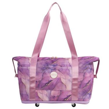 Imagem de Bolsa esportiva de viagem com rodas à prova d'água leve, bolsa esportiva para academia, bolsa de ombro para mulheres com bolso molhado de manga de carrinho, Mármore roxo, Bolsa de viagem