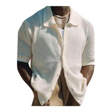 Imagem de MakeMeChic Blusa masculina de crochê com gola transparente, manga curta, abotoada, tops de verão, Bege, Medium