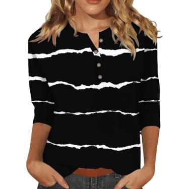 Imagem de Camiseta feminina listrada com cores contrastantes Henley manga 3/4, caimento solto, casual, túnica, camisetas de treino, Preto, G