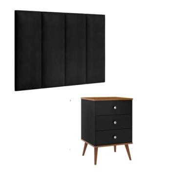 Imagem de Conjunto Cabeceira Cama Solteiro 0,90 com 1 Criado Quarto, Preto/Freijo