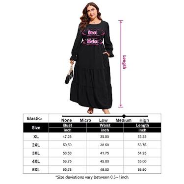 Imagem de KOJOOIN Vestido maxi feminino plus size, gola redonda, manga comprida, cintura império, bainha plissada, casual, boêmio, com bolsos, Preto, XXG