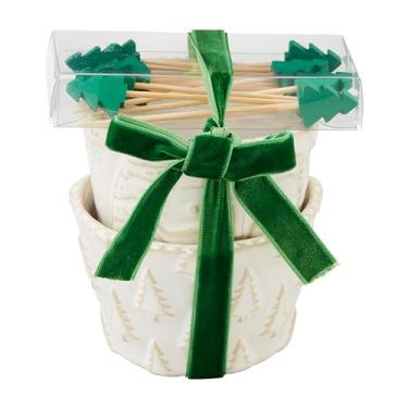 Imagem de Mud Pie Conjunto de petiscos de Natal branco, árvore, tigela de 5 cm x 7,6 cm de diâmetro | palito de dente 6 cm