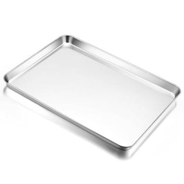 Imagem de E-far Assadeira grande, assadeira de aço inoxidável de 50,8 x 35,5 cm para forno, bandeja de metal não tóxico para biscoitos de bolo, saudável e livre de ferrugem, acabamento espelhado e lavável na