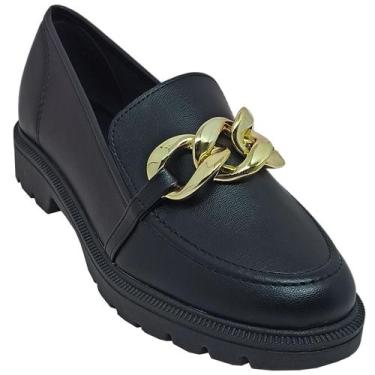 Imagem de Sapato Beira Rio Mocassim Feminino Tratorado Casual, Preto, Ouro, 36