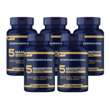 Imagem de KIT 5x 5 Magnésios (Quelato,Malato,Taurato,Citrato,Óxido) 500mg 60 cáp