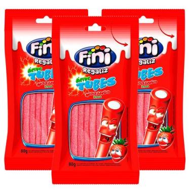 Imagem de Balas Fini Tubinho de Morango Cítrico 80g  Kit com três unidades