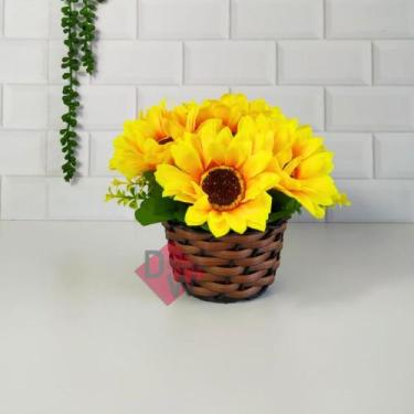 Imagem de Vaso Trançado Com Flor de Girassol Amarelo Artificial - Melhores Ofert