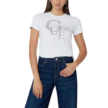 Imagem de GUESS Camiseta feminina de manga curta cravejada, Branco puro, M