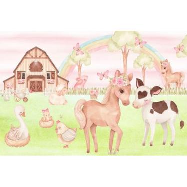 Imagem de Painel de Lona Fazendinha Aquarela Rosa Animais Arco Íris - Fabrika de