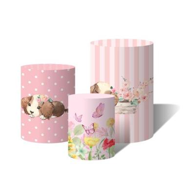 Imagem de Trio Capas Para Cilindro Cachorrinho Encantado Rosa Flores Aquarela C/
