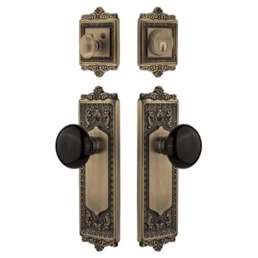 Imagem de Nostalgic Warehouse Conjunto de entrada Egg & Dart com puxador de porcelana preta em latão antigo - 2 3/8" Backset-Universal Handing