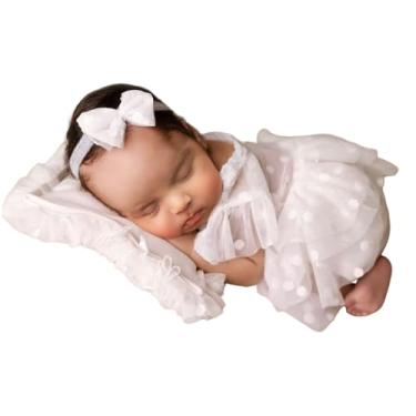Imagem de Macacão de renda para recém-nascidos, roupas fotográficas, almofada para sessão de fotos, travesseiro de renda com faixa de cabeça fofa para bebê, sessão de fotos, adereços para meninas, Bege, 0-90