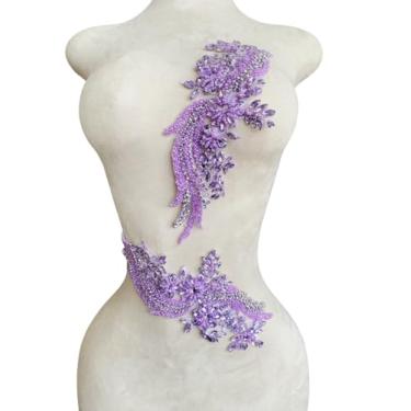 Imagem de 1 par de adesivos feitos à mão com contas de cristal corpete de renda DIY apliques acessório para roupas sociais 35 x 12 cm (roxo claro)