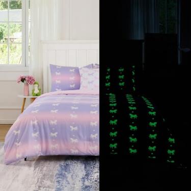 Imagem de Cokouchyi Conjunto de edredom completo para meninos e meninas, unicórnio que brilha no escuro, 6 peças, cama de casal em uma bolsa com edredom, lençóis, fronha, capa de almofada, unicórnio
