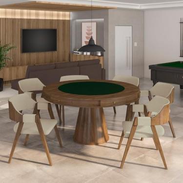 Imagem de Conjunto Mesa de Jogos Carteado Bellagio Tampo Reversível Verde e 6 Cadeiras Madeira Poker Base Cone Linho OffWhite/Nogueira G42 - Gran Belo
