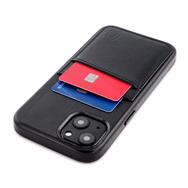 Imagem de Dockem Capa de cartão de couro genuíno para iPhone 13 com placa de metal integrada para montagem magnética, carteira costurada com 2 porta-cartões de crédito, 15.5 cm M2GL [Preto]
