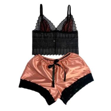 Imagem de Baby Doll Plus Size Renda Cetim Com Elastano Conjunto Lingerie Top Sho