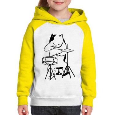 Imagem de Moletom Infantil Gato Baterista - Foca na Moda, Branco, Amarelo, 6