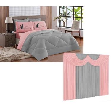 Imagem de Kit EDREDOM AMOR DE GATO Queen Dupla Face + Cortina Rosa Cinza - DUCAS