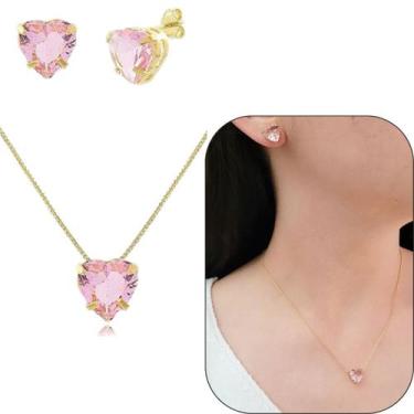 Imagem de Conjunto coração de cristal 10mm rosa banhado em ouro 18k - Morganitte