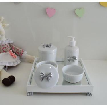 Imagem de Kit Higiene Porcelana Bebê Banho Cuidado Quarto K014 Laço - Ciranda Ar