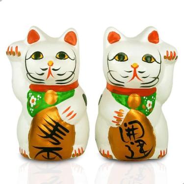 Imagem de Gato da Sorte Manekineko Casal Cerâmica Branca 10,0 cm - Galleria 77