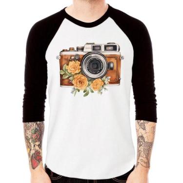 Imagem de Camiseta Raglan Máquina Fotográfica Vintage e Flores Manga 3/4 - Foca 
