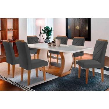 Imagem de Sala De Jantar Completa Jade Tampo Madeirado C- Vidro Curvo 180x90 E 6 Cadeiras Melissa Capuccino-suede Grafite - Rufato