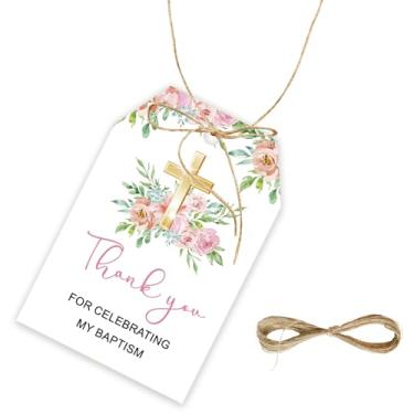 Imagem de 50 etiquetas de agradecimento ao batismo, etiqueta de presente God Blessed com cordão para festa de primeira comunhão, etiquetas de papel de agradecimento de batismo para batizado/lembrancinhas de