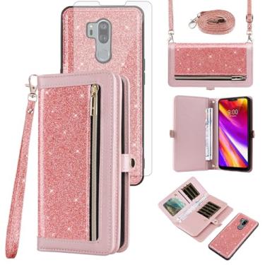 Imagem de Asuwish Capa de celular para LG G7 ThinQ Carteira com zíper com alça protetora de tela Bling Glitter Flip porta-cartões LGG7 One G 7 Plus LG7 Fit LG7ThinQ 7G Thin Q G7+ G7thinq LGG7thinq feminina rosa