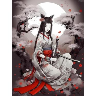 Imagem de IPISSOI Kits de pintura de diamante de mulher japonesa com espada samurai para adultos, arte de diamante japonês, kit de bordado de arte de cristal de pedra preciosa redonda completa 12 x 16 pol/30 x