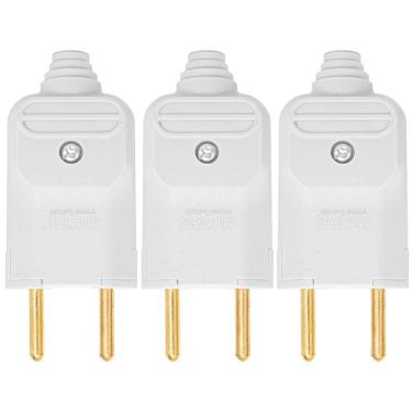 Imagem de Kit 3 Tomada Plug Macho Prensa Cabo 2 Pinos Finos 10A Branco