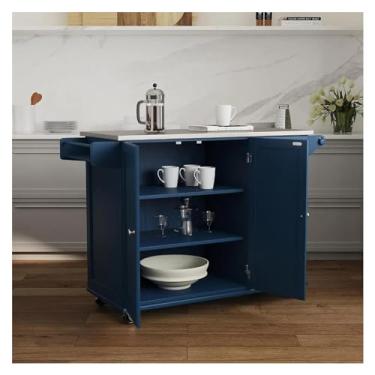 Imagem de LICONG-2020 Kitchen Mobile Island Counter Carrinho de ilha de cozinha móvel com topo de aço inoxidável armário de armazenamento verde painel de controle de cozinha doméstico (off-white)