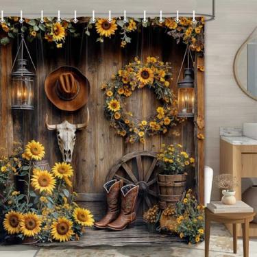 Imagem de Cortina de chuveiro caubói ocidental, rústica casa de fazenda, crânio, porta de celeiro, botas de madeira do sudoeste, cortina de banheiro floral de girassol, conjunto de cortina de banheiro de tecido