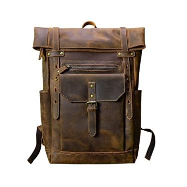 Imagem de Mochila masculina de couro de vaca 15-17 polegadas Bolsa para laptop de grande capacidade Mochila de viagem para homens Bolsas de couro retrô(Coffee)