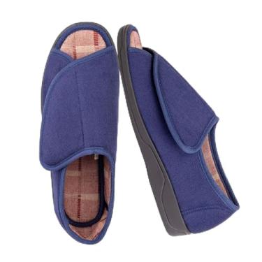 Imagem de Pantufa masculina extra-grande de espuma viscoelástica 80-D com fechos ajustáveis, largura extra grande de lã de pelúcia artrite de edema encolhida Diabetic House Shoes lavável na máquina com sola antiderrapante, Azul marinho, 12