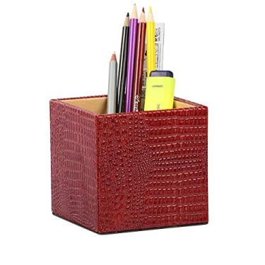 Imagem de Porta-lápis para caneta, organizador quadrado de mesa com padrão de crocodilo, caixa organizadora de artigos de papelaria de couro multifuncional, caixa de armazenamento, recipiente vintage para