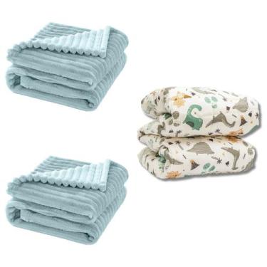 Imagem de Cobertor Kit 3pçs Bebê Wave Berço Azul e Edredom Dino - Neném Na Nuvem