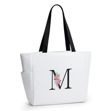 Imagem de KALIDI Sacola de praia personalizada, bolsa de compras com zíper inicial do alfabeto para mãe, professora, amiga, casamento, compras diárias, Bege-m, Large