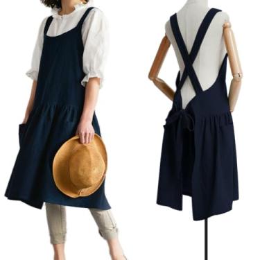 Imagem de Avental de algodão e linho cruzado nas costas para mulheres com bolsos, lindo vestido pinafore estilo japonês coreano para cozinhar pintura e limpeza de jardinagem, Navy Blue with Waist Ties