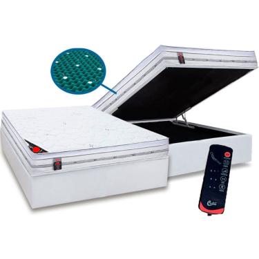 Imagem de Cama Box Baú Casal: Colchão Magnético Castor Molas Pocket c/ Vibro Massagem Gold Star + Base crc Courano White (138x188)