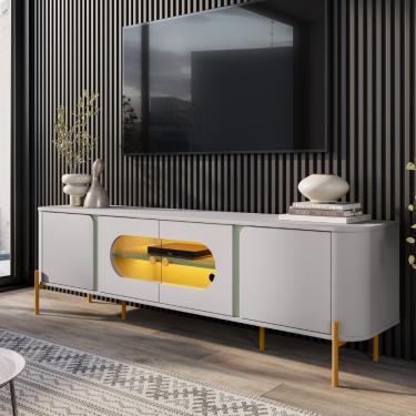 Imagem de Rack para TV Até 55 Polegadas com LED e Vidro Reflecta 4 Portas com Pés Juquehy Bechara - Off White/Pistache