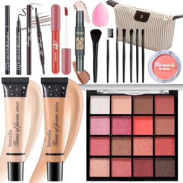Imagem de YBUETE Conjunto de maquiagem para meninas, adolescentes, mulheres, kit de maquiagem de rosto inteiro, kit de maquiagem para viagem, conjunto de presente de maquiagem, base de sombra, bastão de