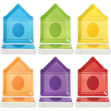 Imagem de FYSUIMU 48 peças, pratos de papel de volta às aulas, 6 cores, giz de cera, prato descartável, primeiro dia de escola, jantar, sobremesa, prato para decoração de mesa de festa de jardim de infância