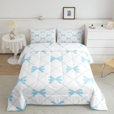Imagem de Feelyou Conjunto de edredom com laço azul, laço e laço para crianças, meninos, meninas, princesa, sonhadora, branco e azul, conjunto de colcha com 2 fronhas, 3 peças, casal